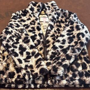 Leopard Print Fuzzy Zip-Up Jacket - Black & Cream